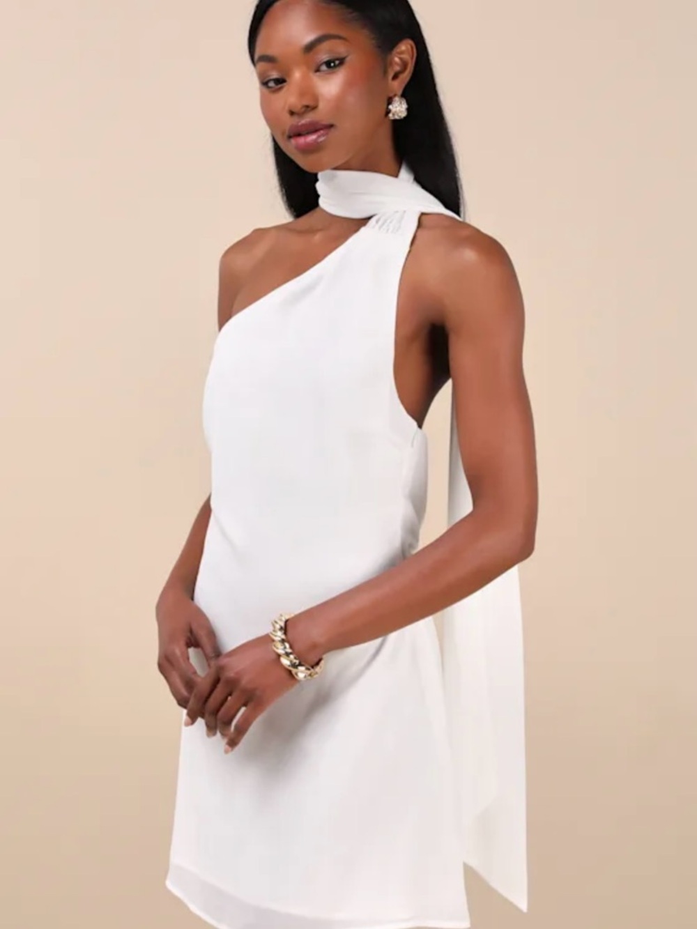 Lulu's White One-Shoulder Mini Dress with Draped Neck Tie